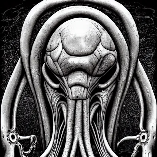Prompt: biomechanical squidward by ai hr giger, lovecraft, highly detailed, concept art