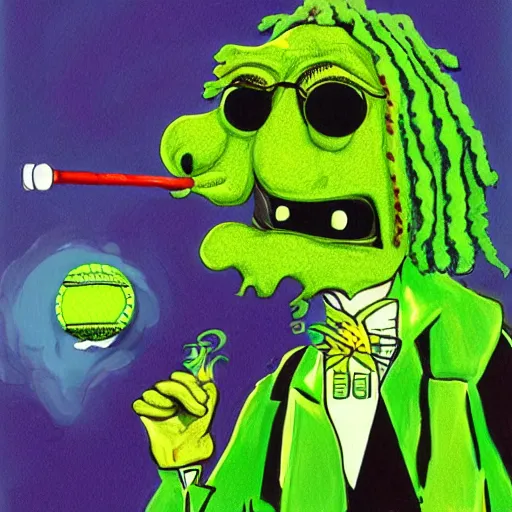 Image similar to snoop dogg tennis ball monster ,tennis ball, digital art,smoking, weed, smoke, fantasy,chalk, magic, trending on artstation, ultra detailed, professional illustration by Basil Gogos