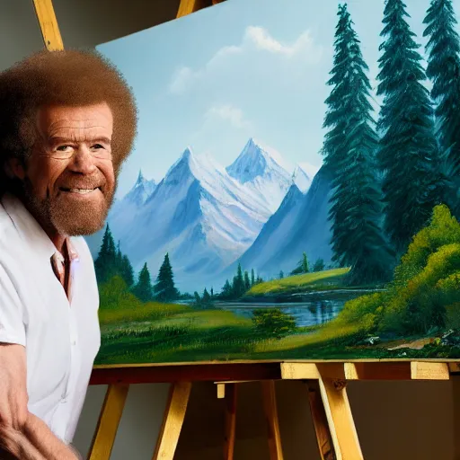 Image similar to a closeup photorealistic photograph of bob ross working on a canvas painting of elmo. film still. brightly lit scene. mountains and trees. this 4 k hd image is trending on artstation, featured on behance, well - rendered, extra crisp, features intricate detail, epic composition and the style of unreal engine.