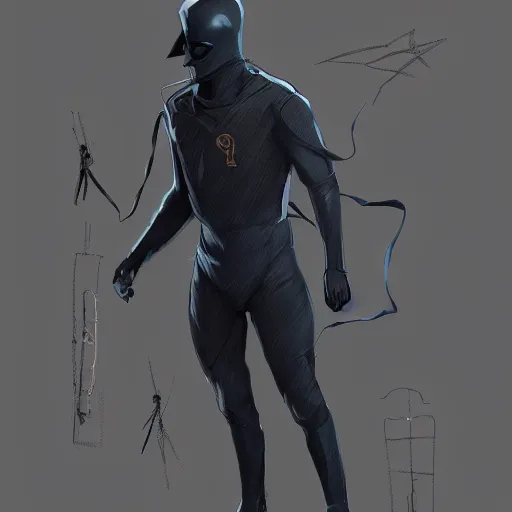 Image similar to a hero named rope man, his suit is black and blue and he has a bat like wing suit under it, mystic, concept art, artstation, greg rutkowski, reference sheet