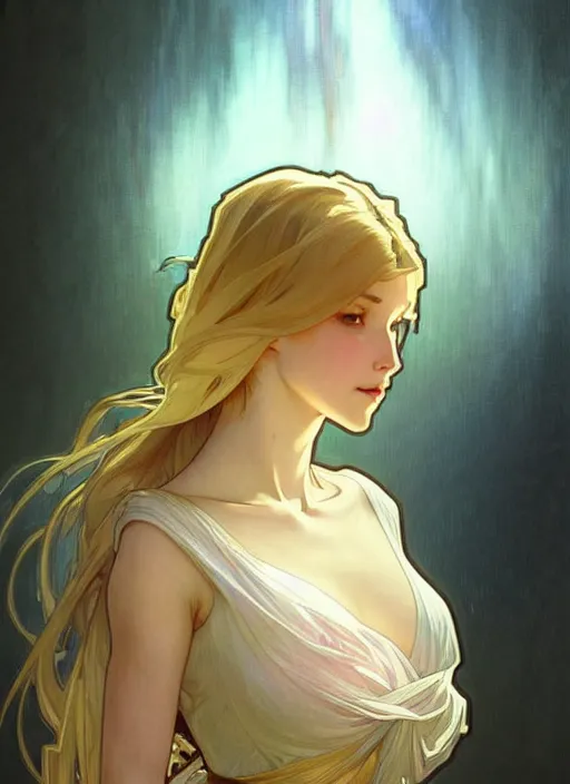 Image similar to a digital concept art by artgerm and greg rutkowski and alphonse mucha. clear portrait of a young wife blessed by god to uncontrollably become overwhelmingly perfect!! blonde, clothes, sit on heels!! light effect. hyper detailed, character concept, glowing lights!! intricate, elegant, digital painting, artstation, smooth, sharp focus