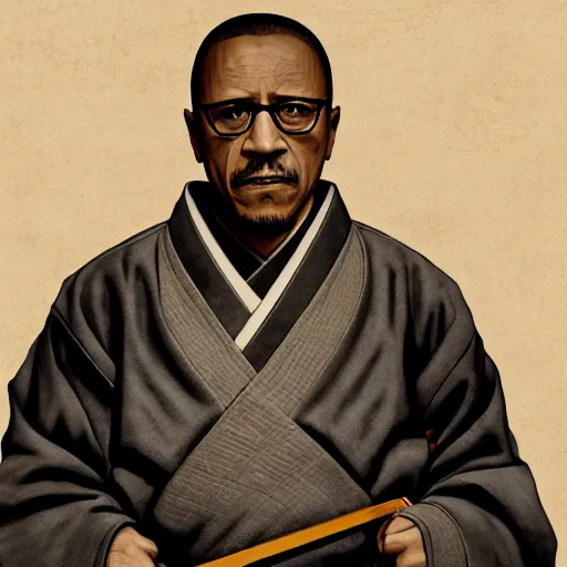 Prompt: gustavo fring from breaking bad wearing samurai armor and holding a katana in feudal japan, 4 k, hyper realistic, ink block painting, edo period