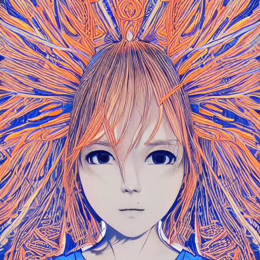 Image similar to the head of an incredibly cute and elegant japanese girl partially made of carrots and blueberries looking up, an ultrafine detailed illustration by james jean, final fantasy, intricate linework, bright colors, behance contest winner, vanitas, angular, altermodern, unreal engine 5 highly rendered, global illumination, radiant light, detailed and intricate environment