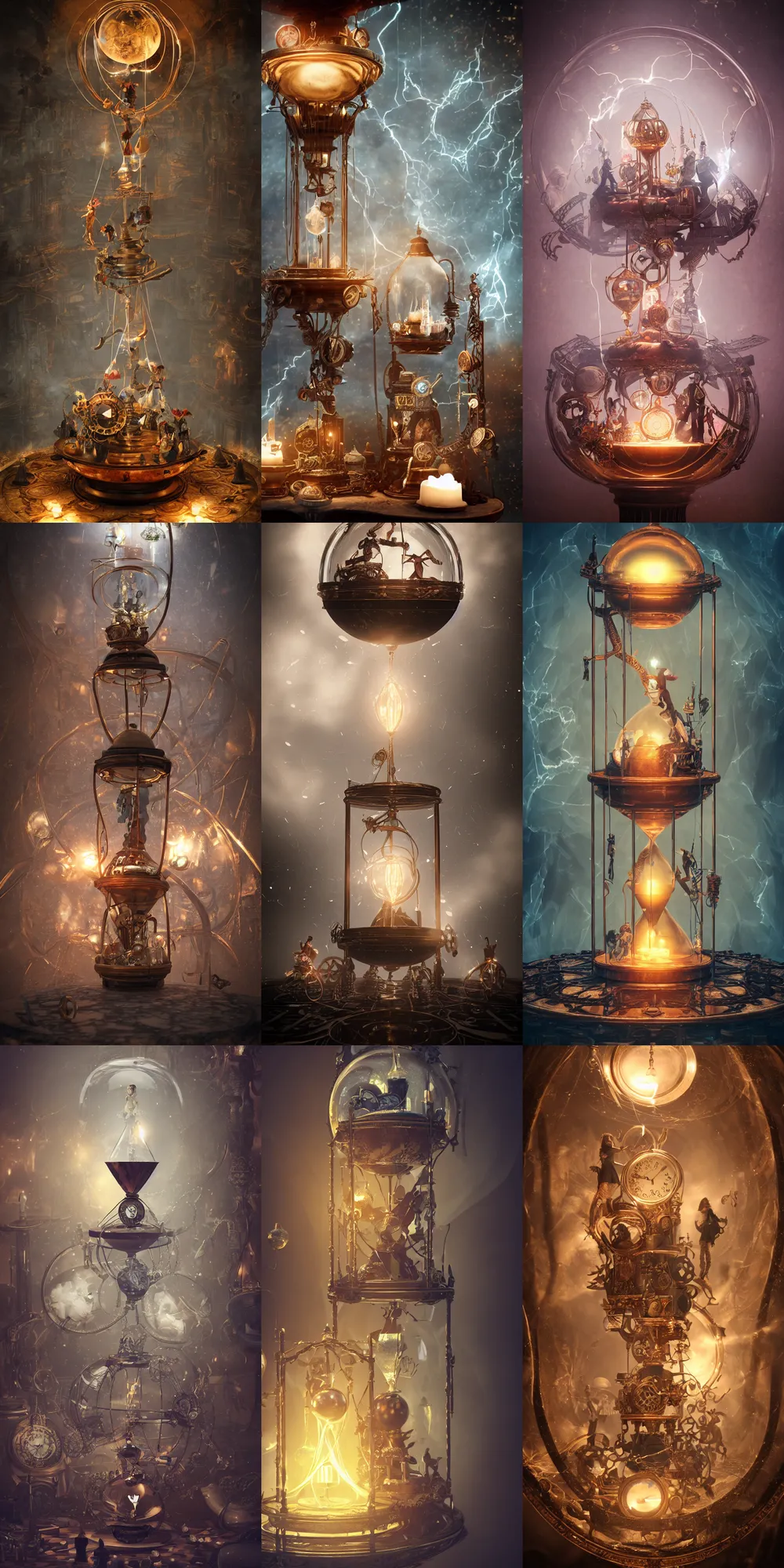 Prompt: steampunk circus inside a marble, hourglass, lightning, intricate detail, volumetric lighting, epic composition, hyper detailed, ultra realistic, sharp focus, octane render, candle, volumetric, ray tracing, artstation trending, cgsociety, sense of awe, swirling mist, 4 k