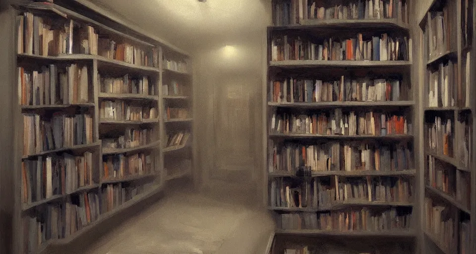 Prompt: Very dark scary creepy corridor with bookshelves everywhere , by Stefan Koidl. artstation, blue lighting.