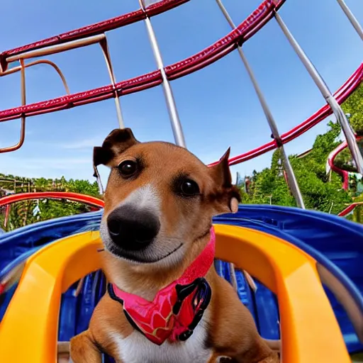 Prompt: selfie of a dog riding a roller coaster, wide angle, highly detailed