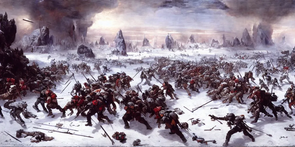 Image similar to the battle of hoth painted by jan matejko. oil on canvas, sharp focus, cinematic atmosphere, detailed and intricate, perfect anatomy, detailed and intricate environment and characters