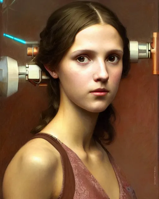 Image similar to a realistic oil painting of a girl resembling alicia vikander or millie bobby brown in a futuristic mechanical spaceship engine, highly detailed, intricate, artstation, by donato giancola and william adolphe bouguereau