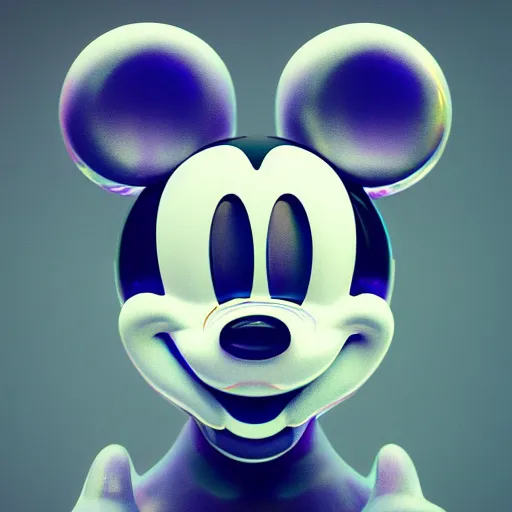 Prompt: counterfeit mickey mouse head, fractal, broken, LSD, wet, melting, fractured, mycelium, radiant alien, rococo, baroque, automotive, bio-mechanical, porcelain, iridescent, sub surface scattering, unreal engine, octane render