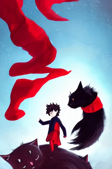 Prompt: little boy with cat ears in an black suit with red cape. digital artwork made by lois van baarle and kentaro miura, sharpness focus, inspired by hirohiko araki, anatomically correct, heroic composition, hero pose, high details