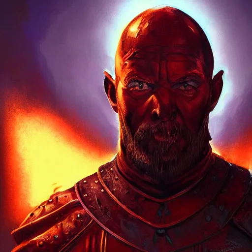 Prompt: bright, colorful, realistic, detailed from Elder Scrolls: shivering isles concept art red guard portrait backlighting, kodachrome, high contrast, highly detailed, sharp focus, digital painting, concept art, illustration, trending on artstation, comic book by Alex Ross and Adam Adamowicz cover art