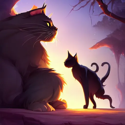 Prompt: a big and dark gray maine coon cat and a small black cat, fanart ornate fantasy ori and the blind forest cover style official behance hd artstation by Jesper Ejsing, by RHADS, Makoto Shinkai and Lois van baarle, ilya kuvshinov, rossdraws pastel vibrant