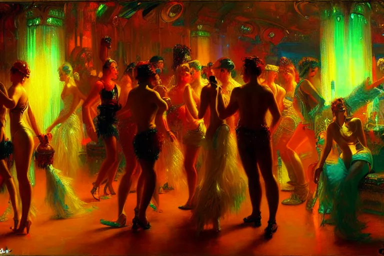 Image similar to futuristic disco party, summer, neon light, painting by gaston bussiere, craig mullins, j. c. leyendecker