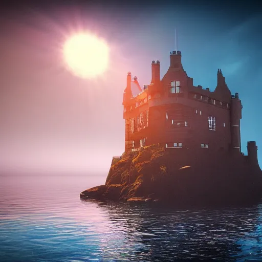 Prompt: underwater Edinburgh Castle, deep underwater, sunset, concept art in style of Greg Rutkowki, dynamic lighting, 4k, very highly detailed