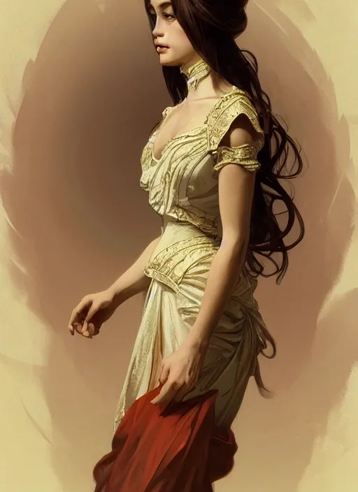 Image similar to portrait of a full body of young beautiful female princess, d & d, baroque dress, elegant, flat lighting, intricate, highly detailed, digital painting, artstation, concept art, smooth, sharp focus, illustration, art by simon bisley and greg rutkowski and alphonse mucha, natural tpose