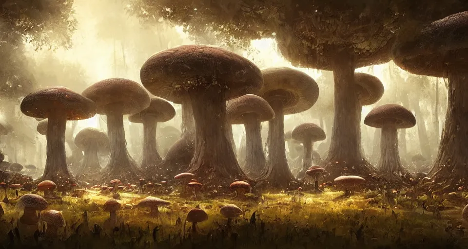 Image similar to A tribal village in a forest of giant mushrooms, by Greg Rutkowski