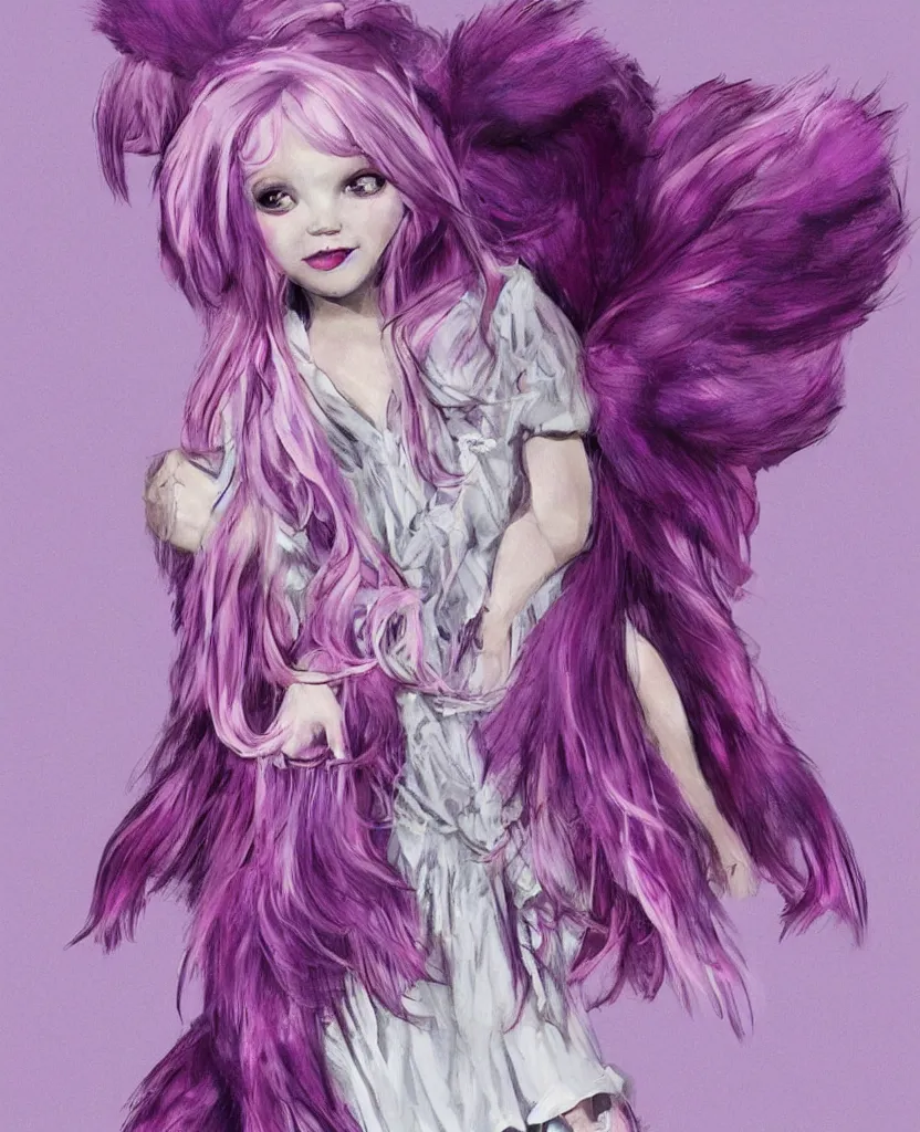 Image similar to little girl with eccentric pink hair wearing a dress made of purple fur, anatomically perfect, concept art, smooth