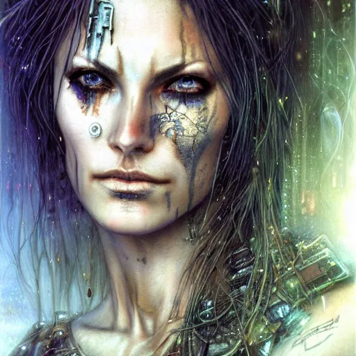 Image similar to an award finning closeup facial portrait by luis royo and john howe of a very beautiful and attractive female bohemian cyberpunk traveller aged 5 0 with green eyes and freckles in clothed in excessively fashionable cyberpunk gear and wearing ornate warpaint