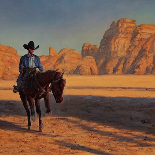 Prompt: oil painting of cowboy clint eastwood in american frontier landscape, western town, dusty street, sunrays, dramatic, very very very beautiful art