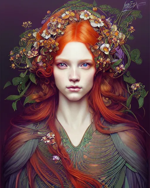 Prompt: Beautiful and playful ethereal ginger portrait, art nouveau, fantasy, intricate flower designs, elegant, highly detailed, sharp focus, art by Maximalism, Artgerm and Greg Rutkowski and WLOP