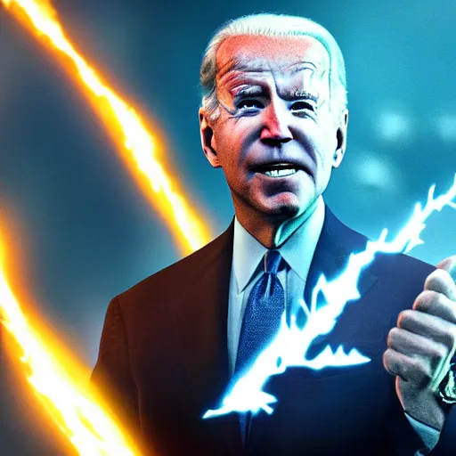 Image similar to joe biden as a super sayan at full power, photograph, 8 k, octane render, unreal 5, ultra detailed, rule of thirds, super sharp and crispy.