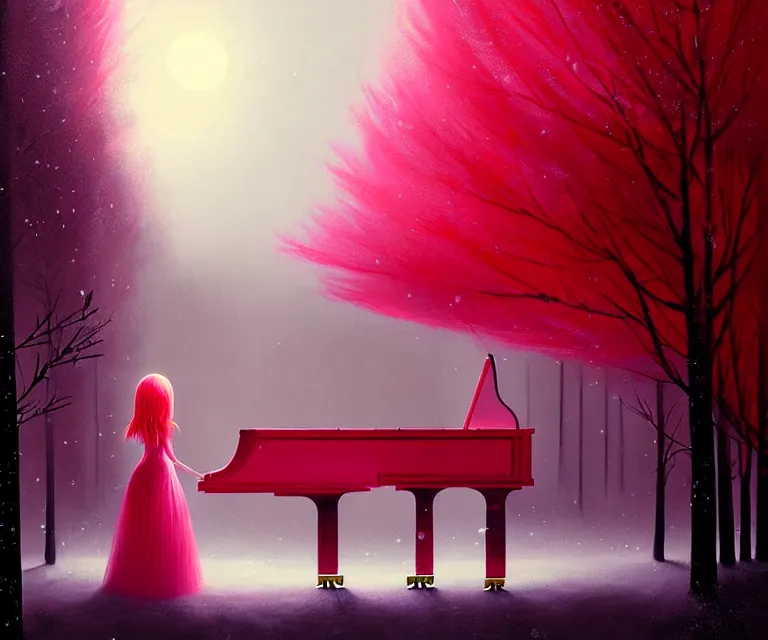 Prompt: a painting of a beautiful face gothic girl, pink hair in a stunning red dress playing a piano in the dark snowy forestby yoshitaka amano and alena aenami, cg society contest winner, retrofuturism, matte painting