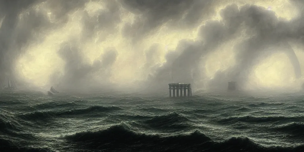 Image similar to A highly detailed matte painting of a huge pipe organ in a stormy sea in a storm, fog, rain, volumetric lighting, imax render, 8K resolution, trending on artstation, style of alan lee and john howe