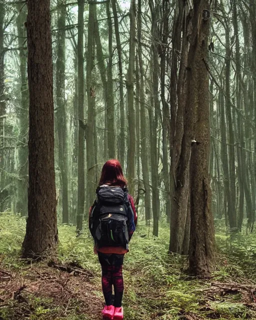 Image similar to Girl wearing backpack and adventure clothes standing in a forest, by Donglu Yu.