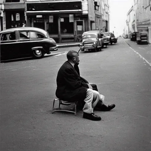 Image similar to a gentlemen sitting in the middle of the street award winning photograph 1950