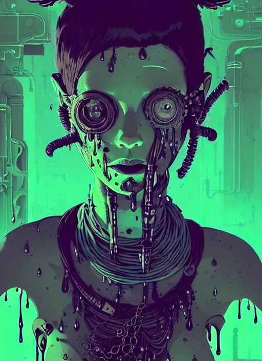 Image similar to highly detailed portrait of wasteland punk long dripping green poison hair tribal lady, stray wiring by atey ghailan, james gilleard, by joe fenton, by greg rutkowski, by greg tocchini, by kaethe butcher, 4 k resolution, gradient purple, brown and black and white color scheme!!! ( ( green flaming robotic sewer background ) )