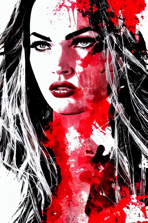 Prompt: dream of a film still from sin city, closeup portrait of film noir megan fox private detective, detailed illustration, digital art, trending on artstation, frank miller, martin ansin, movie poster, paint splatter, black on red, graffiti, gta v,