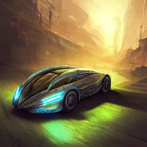 Image similar to solarpunk hovercar, clean energy, green technology, batoidea shape, scifi, sunny day, futurism, intricate, engines, autonomous, highly detailed, peaceful, utopia, bright, digital painting, advanced, artstation, concept art, smooth, sharp focus, epic landscape, art by akihiko yoshida and tim mcburnie and anato finnstark