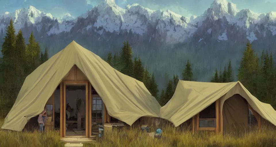 Image similar to cabela's beautiful comfortable modular insulated wall kit - house all weather family dwelling tent house, person in foreground, mountainous forested wilderness open fields, beautiful views, painterly concept art, joanna gaines, environmental concept art, farmhouse, magnolia, concept art illustration, by james gurney, by craig mullins, by greg rutkowski trending on artstation