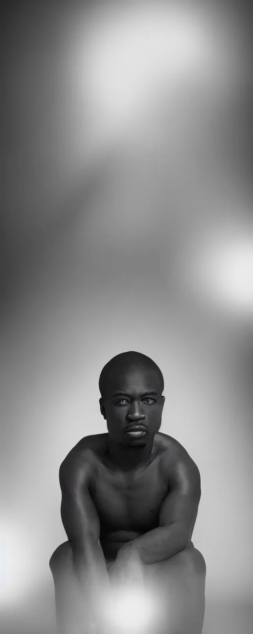 Prompt: Hyper realistic portrait of a ONE Black man sitting on his bed, light entering through a blind, Hyper realistic film photography by Yohji Yamamoto, Zeiss 50mm f2.8, Hasselblad, insanely detailed