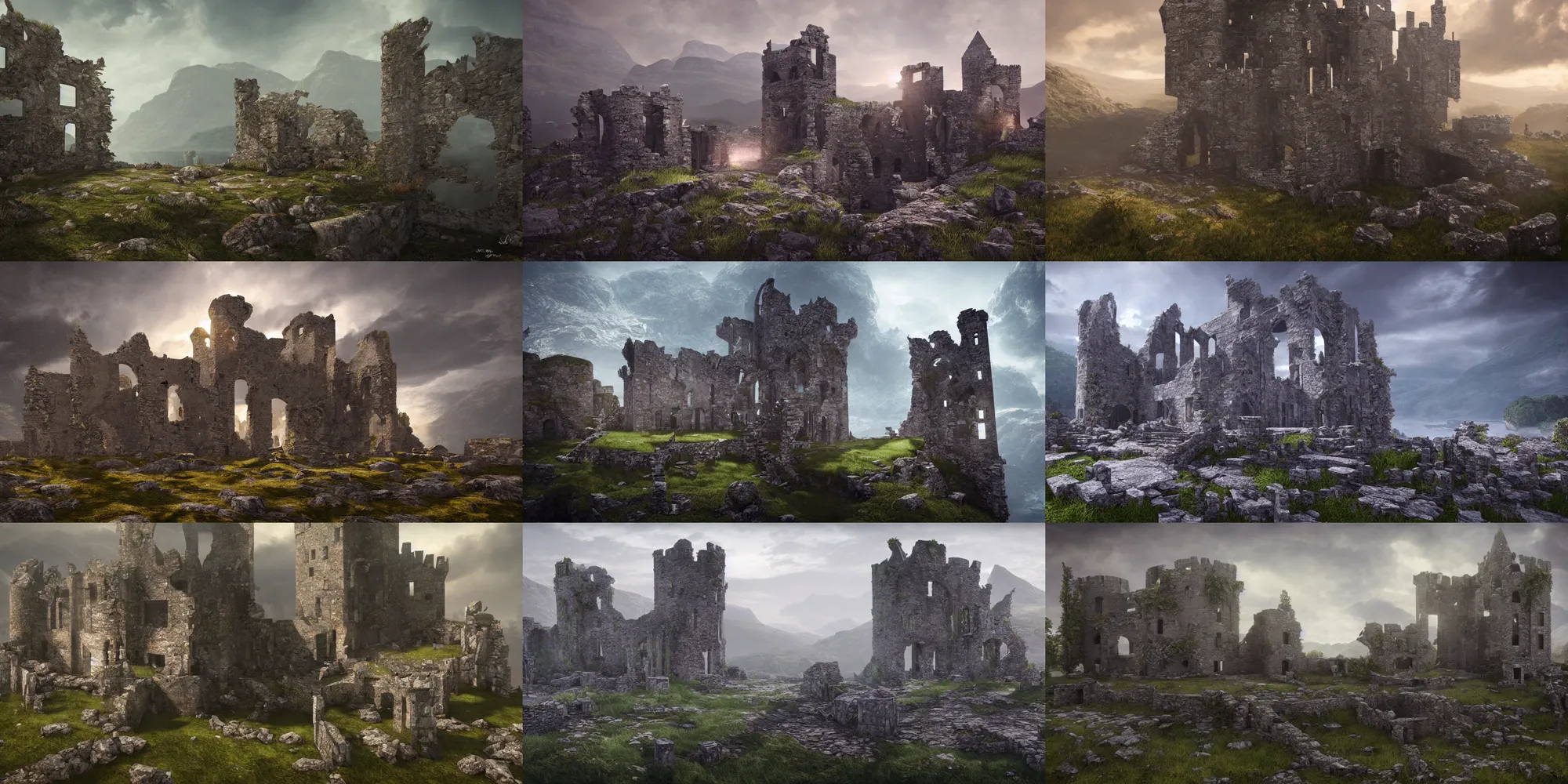 Prompt: castle ruins in the scottish highlands, volumetric lighting, epic composition, hyper detailed, ultra realistic, sharp focus, octane render, volumetric, ray tracing, artstation trending, cgsociety, sense of awe, 4 k