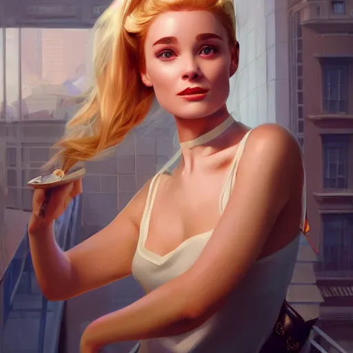 Image similar to blonde holly golightly in breakfast at tiffany's, anatomy, bathed in light, highly detailed, photorealistic, artstation, smooth, sharp focus, illustration, unreal engine 5, 8 k, art by artgerm and greg rutkowski and edgar maxence