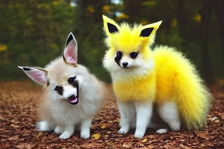 Image similar to real life jolteon pokemon, cute!!!, heroic!!!, adorable!!!, playful!!!, fluffly!!!, happy!!!, cheeky!!!, mischievous!!!, ultra realistic!!!, autumn, clear weather, ( golden hour ), sharp focus