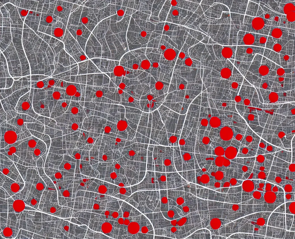 Prompt: multitude of miniscule red circular icons cover a Vector AntiqueWhite on DarkGrey Streets Satellite Map, vector graphics, 8k, mapbox