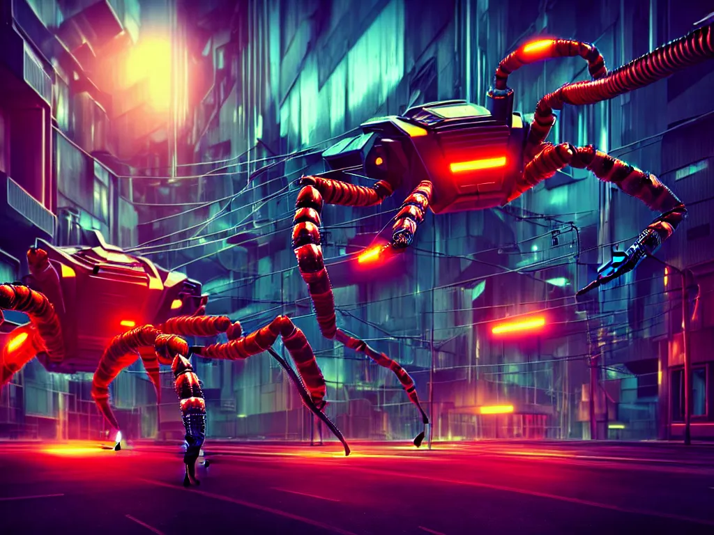 Image similar to A frightening gigantic evil robot scorpion in a futuristic city with pipes and tubes and wires, hyperealistic very colourful hdr cinematic lighting cgi render photorealistic cinematic octane render
