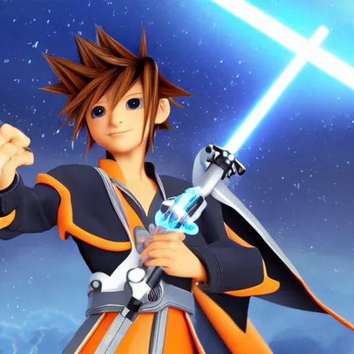 Image similar to sora from kingdom hearts using a laser blade ( from star wars ) instead of a keyblade