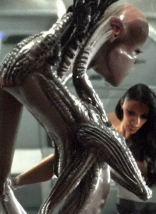 Image similar to film still of kim kardashian being held by an xenomorph in Alien.