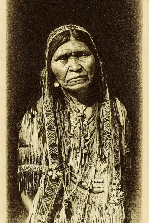 Image similar to “19th century wood engraving of a Native American indian woman, portrait, Nanye-hi Beloved Woman of the Cherokee, wearing a papoose showing pain and sadness on her face, ancient”