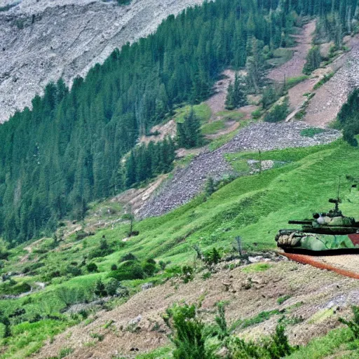 Prompt: Battlefield tanks storming the mountainside.