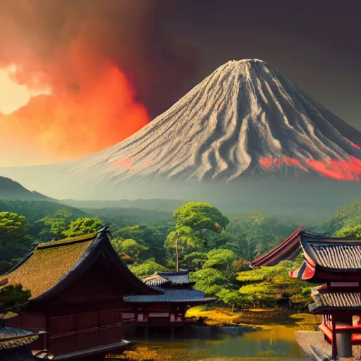 Image similar to Japanese village in the hills with a big volcano eruption in the background, lava river, ultra realistic, cinematic, Trending on Artstation, cgsociety, matte painting, ultra sharp