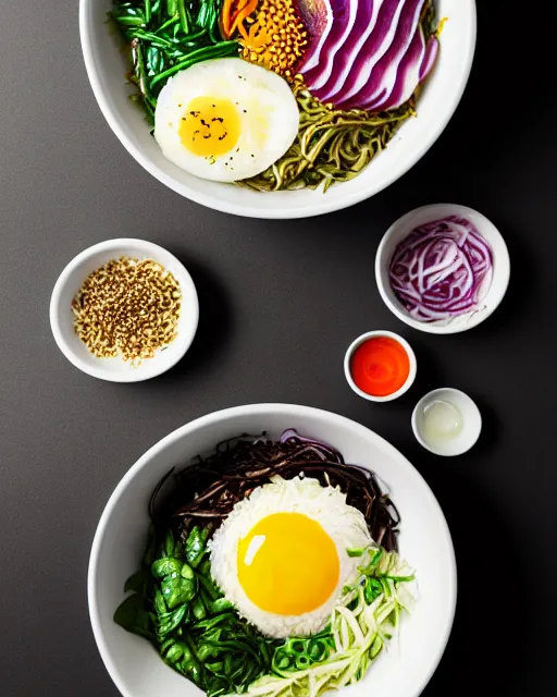 Image similar to realistic photo of delicious bimbimbap, bowl, white kitchen table, cloth, onion, greenery, marble, highly detailed, by louise lister, sara ali, mary devinat, kailee mandel, masterpiece, award winning, food photography