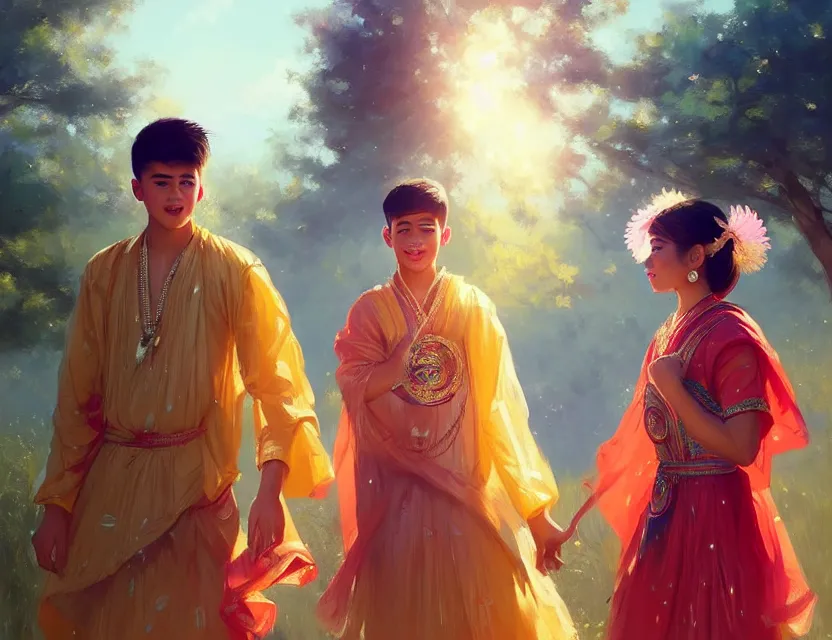 Image similar to a beautiful fashion big eye girl wear flashy dress and a handsome boy wear traditional outfits in festival | | sunny, dreamlike art, mist, realistic shaded, smile, good looking, fine details, 4 k realistic, cryengine, realistic shaded lighting poster by greg rutkowski, magali villeneuve, artgerm, jeremy lipkin and michael garmash and rob rey