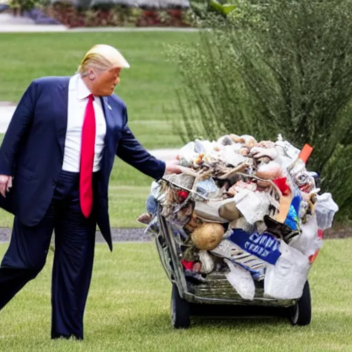 Prompt: donald trump shoving a literal ton of garbage into his stupid fat mouth