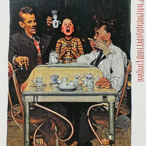 Prompt: aliens having a cup of coffee on at cafe in paris by norman rockwell