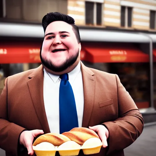 Image similar to Close up portrait of a chubby man wearing a brown suit and necktie with a bakery in the background. Photorealistic. Award winning. Dramatic lighting. Intricate details. UHD 8K. He looks happy.