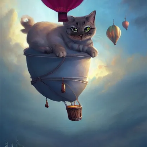 Prompt: a cute cat flying an air balloon , matte fantasy painting, DeviantArt Artstation, by Jason Felix by Steve Argyle by Tyler Jacobson by Peter Mohrbacher